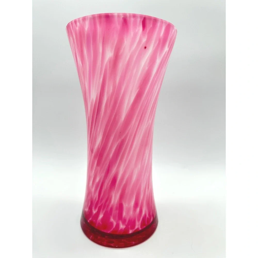 Pink White Swirl Glass Trumpet Vase 8in Fuchsia Hand Blown Flared Floral Decor